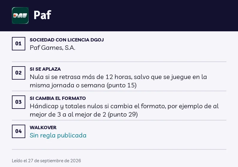 Ficha de Paf: aplazamientos, formato y walkover
