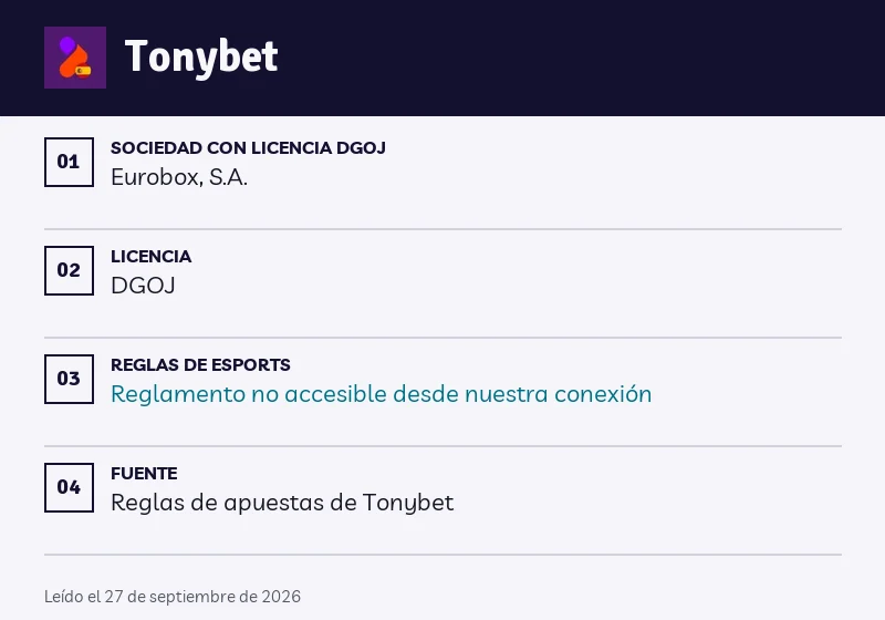 Ficha de Tonybet: aplazamientos, formato y walkover